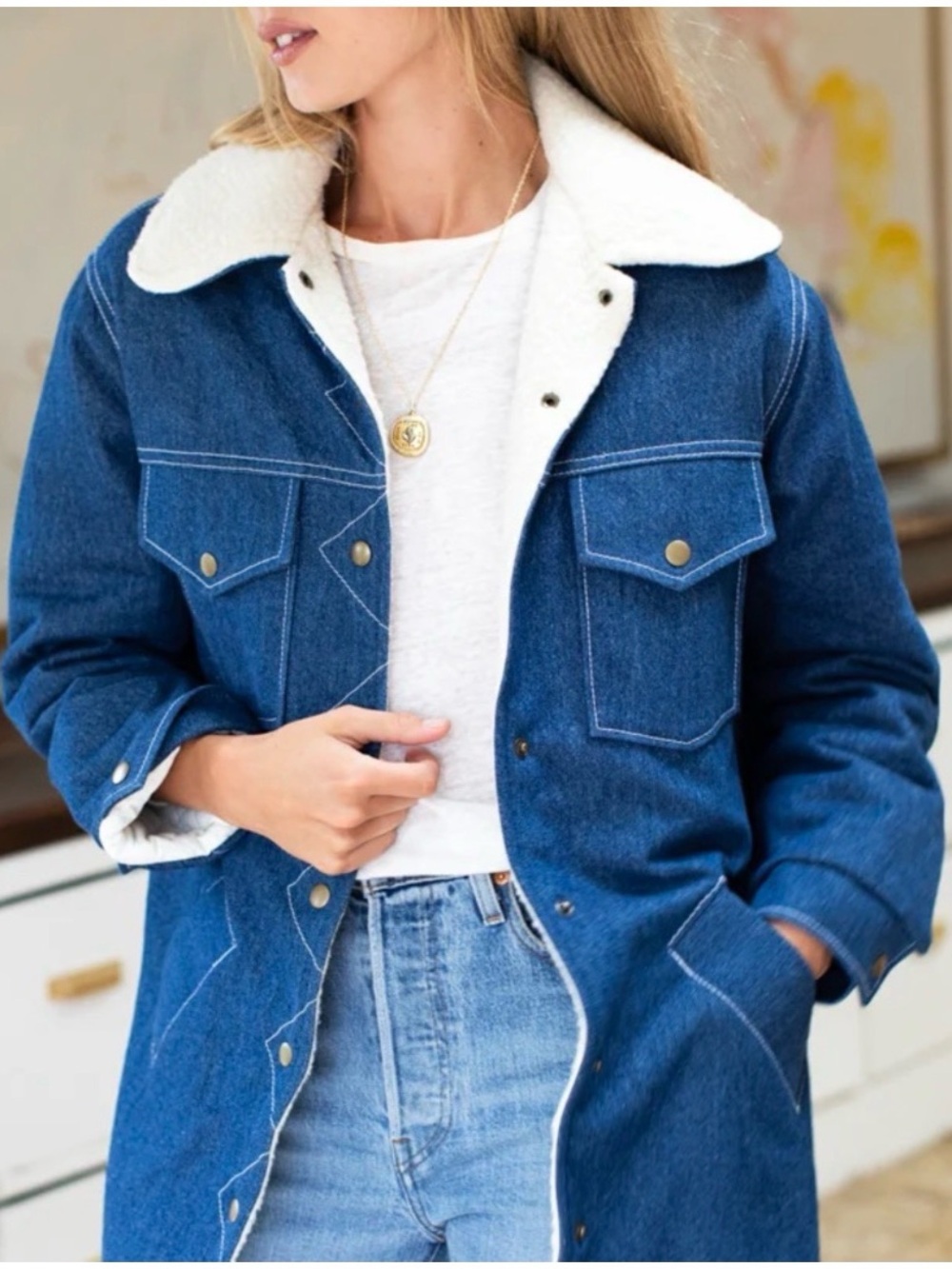 NEW Emerson Fry Ranch Coat Denim Faux Sherpa Collar Size XS